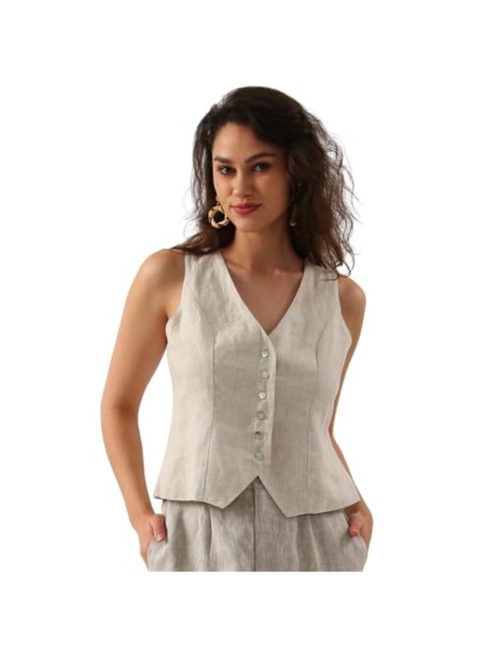 Women's Linen Sleeveless Button Down Crop Top Vest